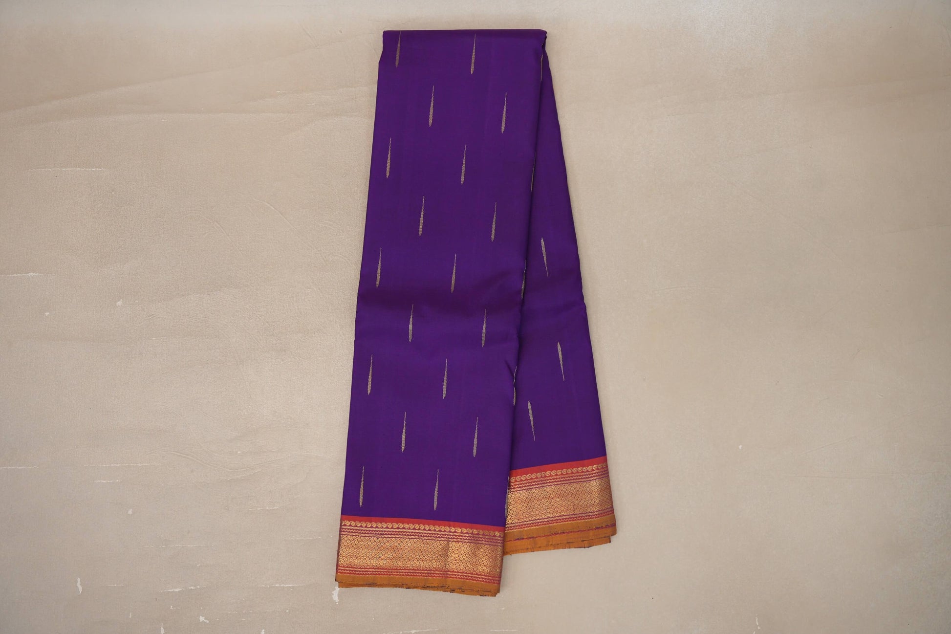 Online Deep Purple with Orange with Mustard Selvedge Borders Vintage Kanjivaram Silk Saree