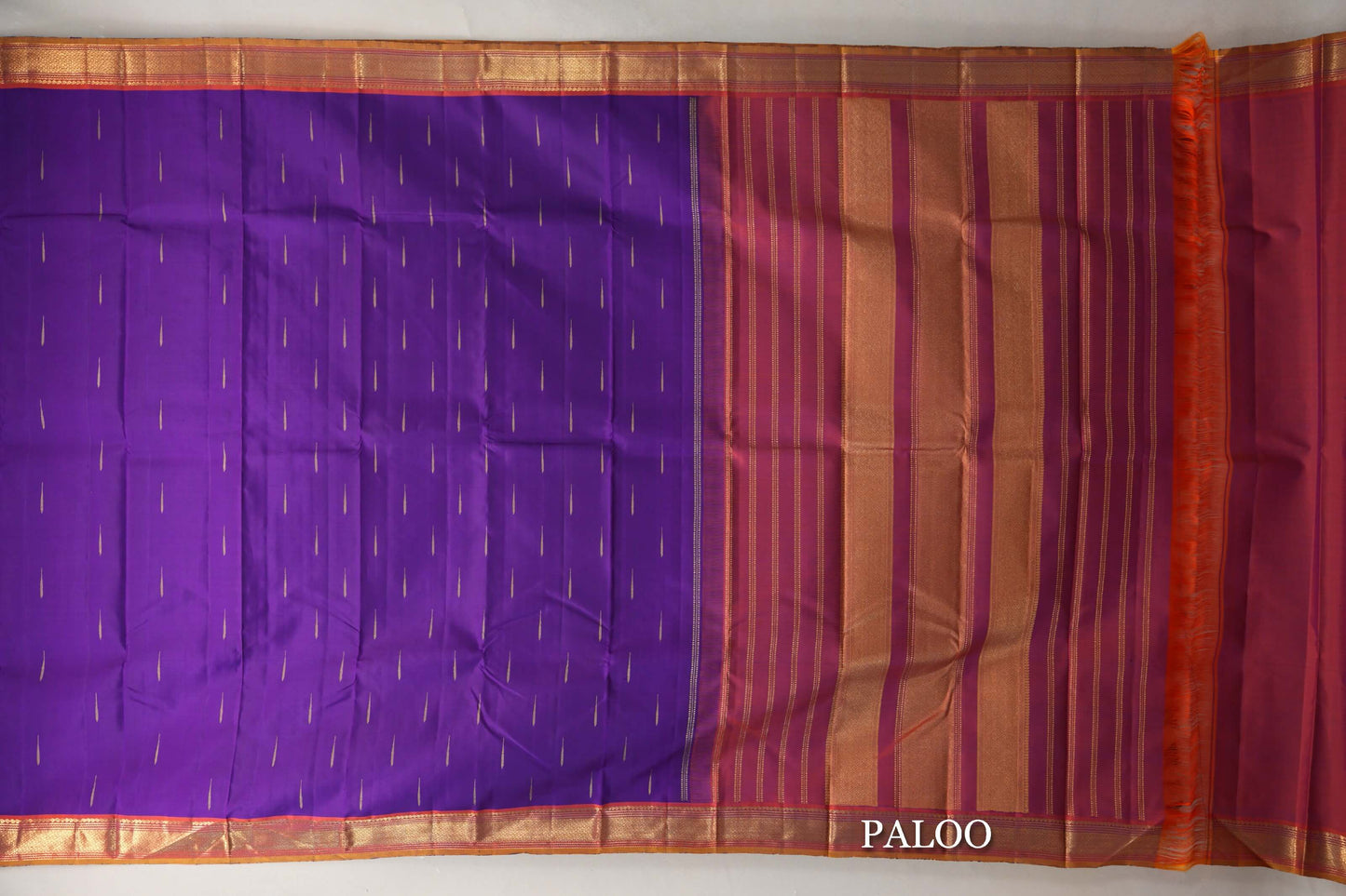 Deep Purple with Orange with Mustard Selvedge Borders Vintage Kanjivaram Silk Saree paloo