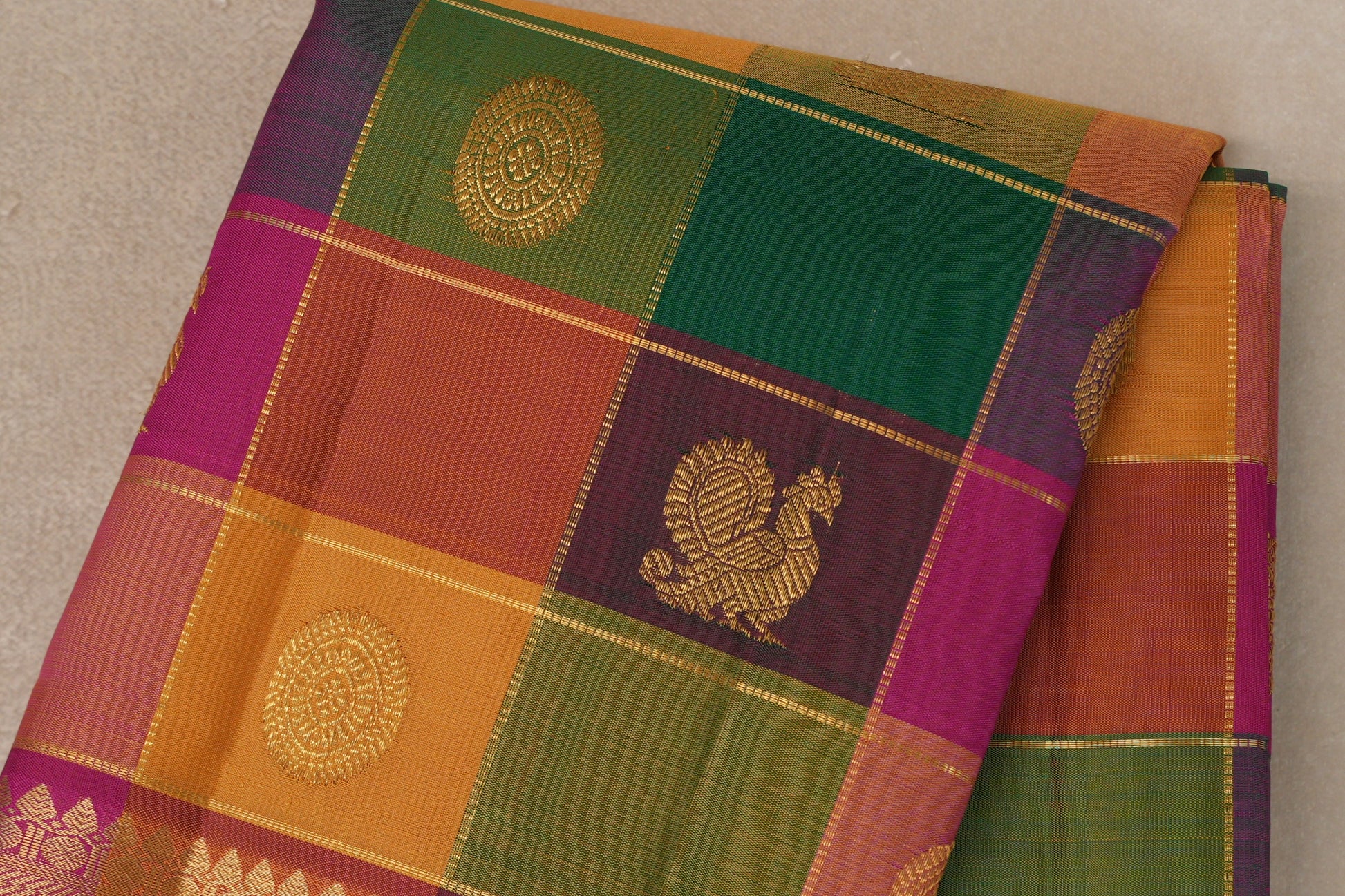 Multi-Colour Checks with bright magenta Borders Vintage Kanjivaram Silk Saree  body