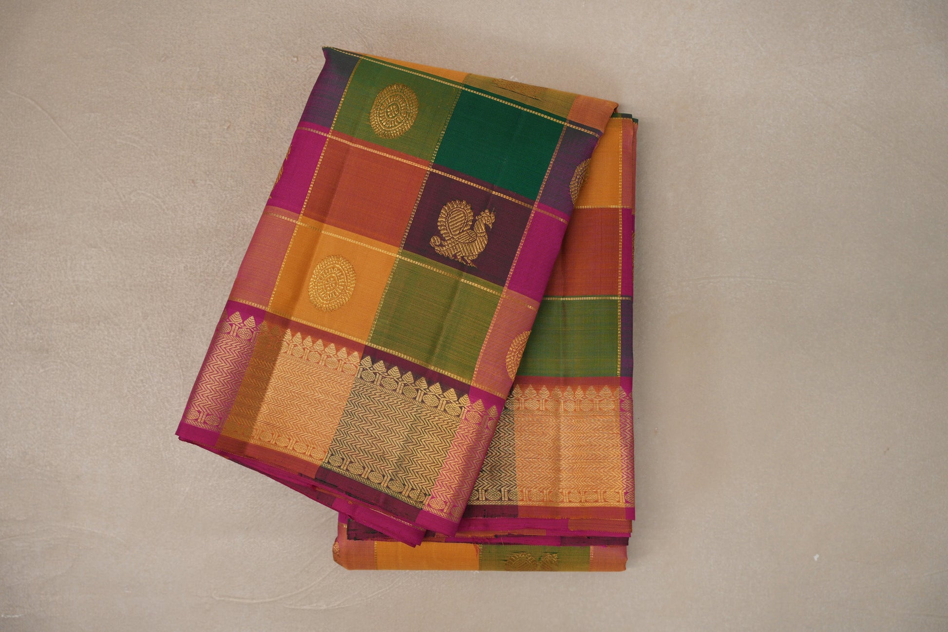 Multi-Colour Checks with bright magenta Borders Vintage Kanjivaram Silk Saree 