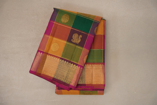 Multi-Colour Checks with bright magenta Borders Vintage Kanjivaram Silk Saree 