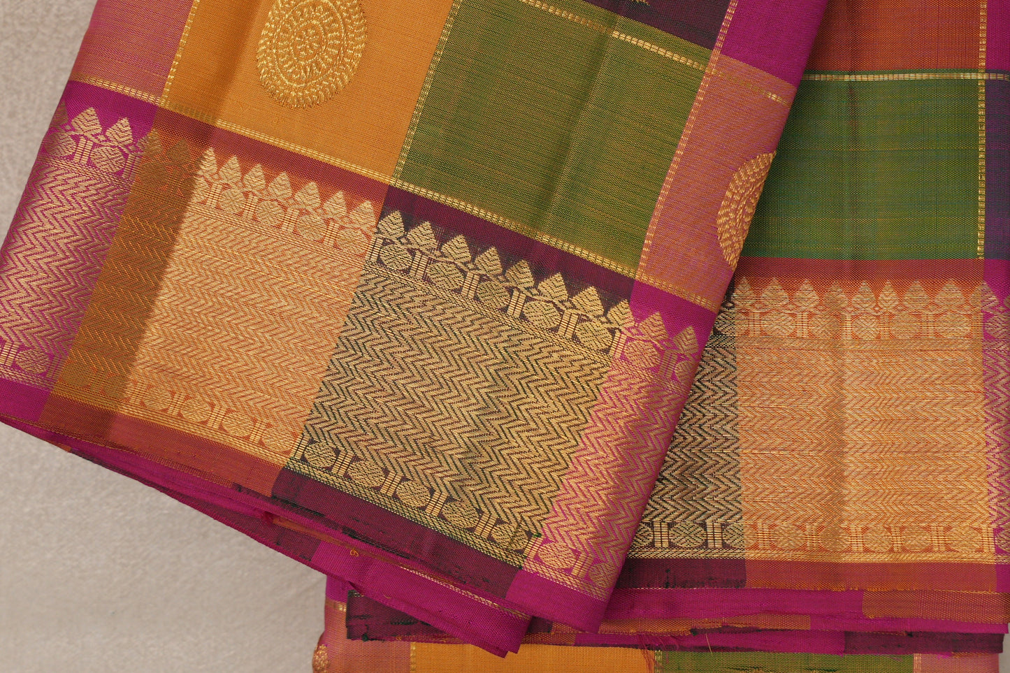 Multi-Colour Checks with bright magenta Borders Vintage Kanjivaram Silk Saree  border