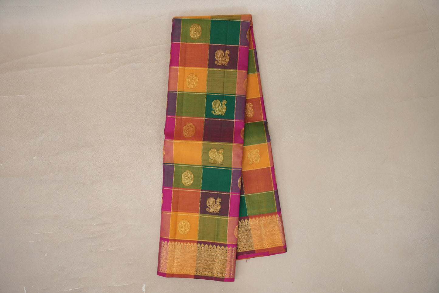 Multi-Colour Checks with bright magenta Borders Vintage Kanjivaram Silk Saree 