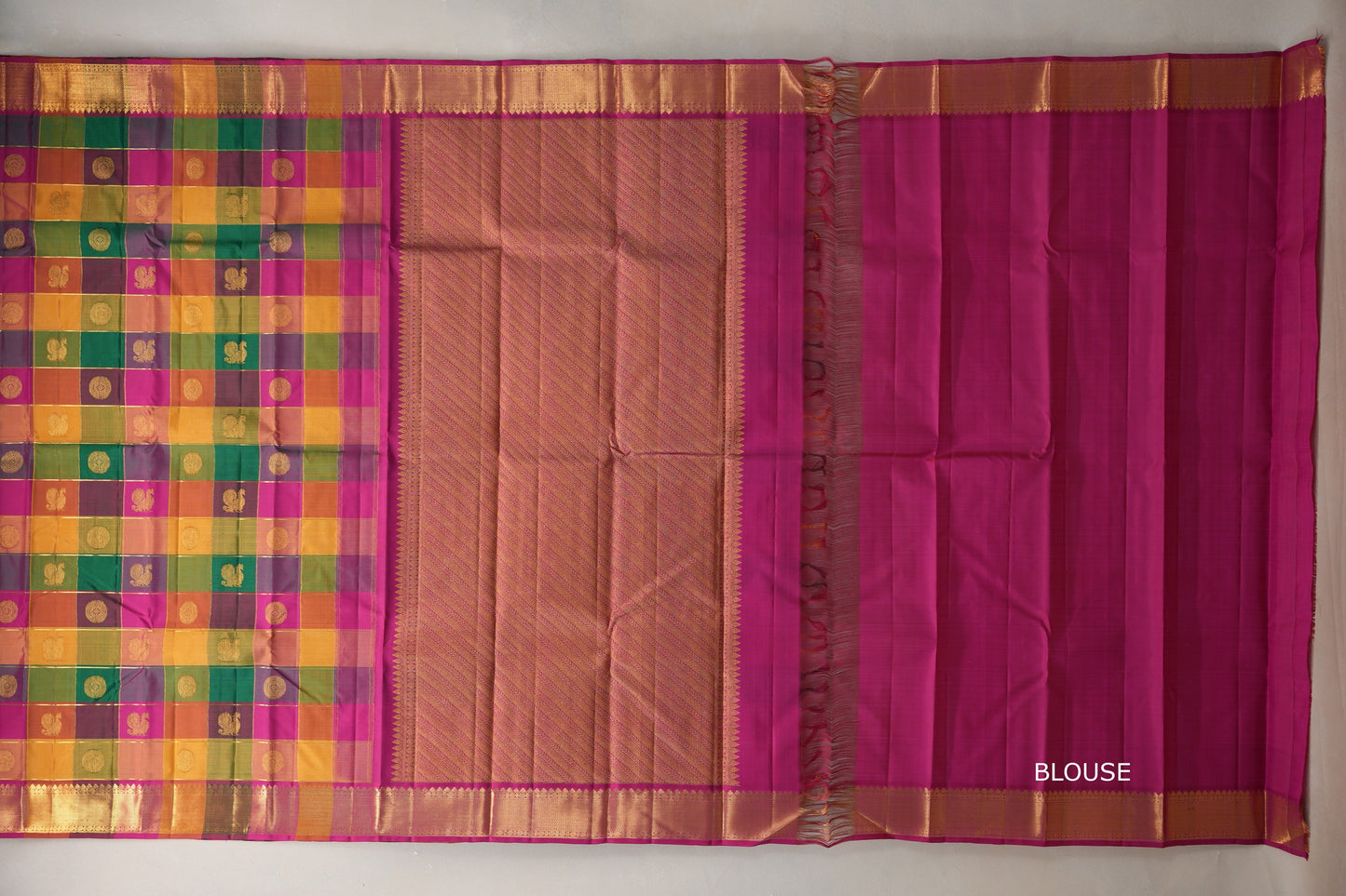 Multi-Colour Checks with bright magenta Borders Vintage Kanjivaram Silk Saree  blouse