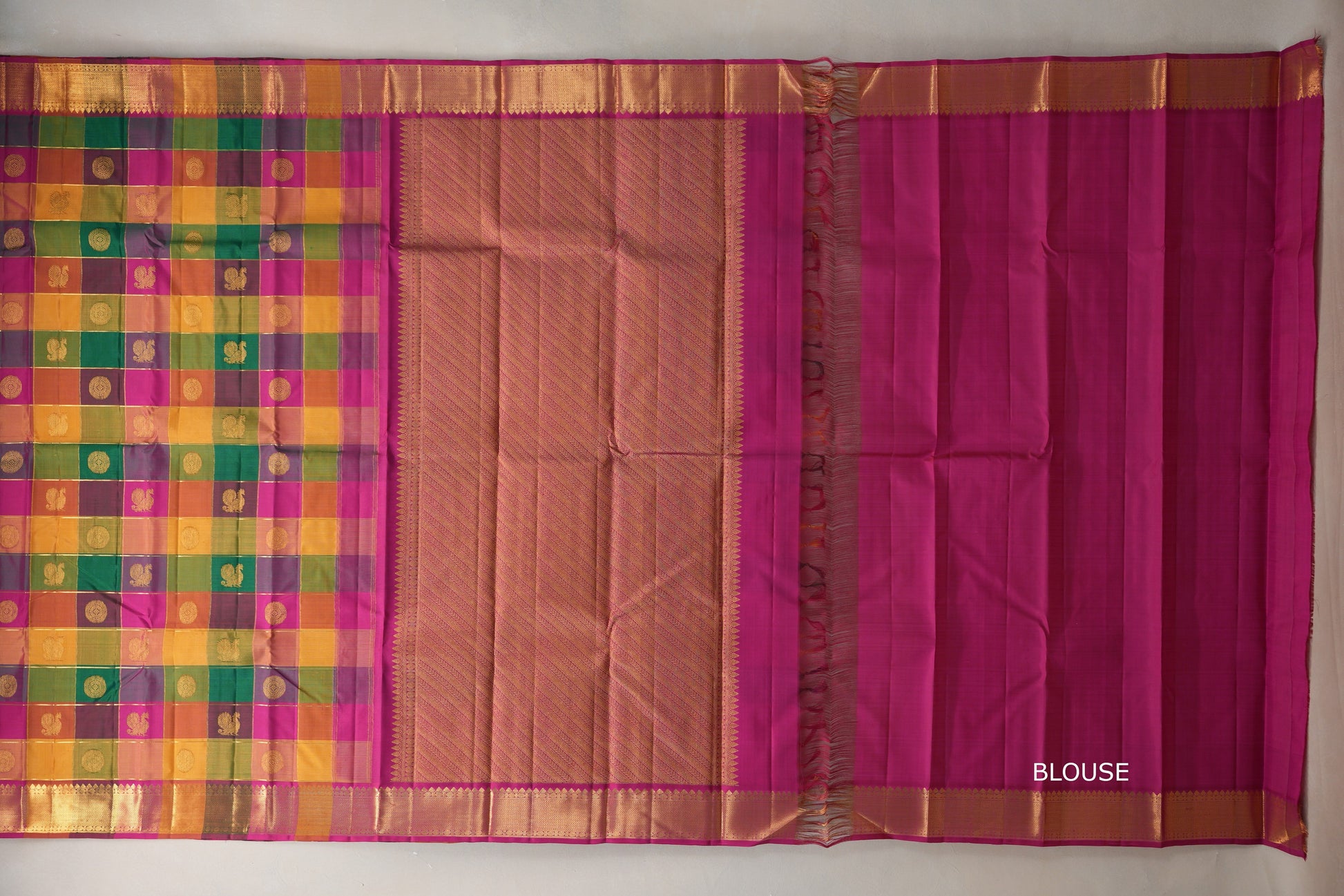 Multi-Colour Checks with bright magenta Borders Vintage Kanjivaram Silk Saree  blouse