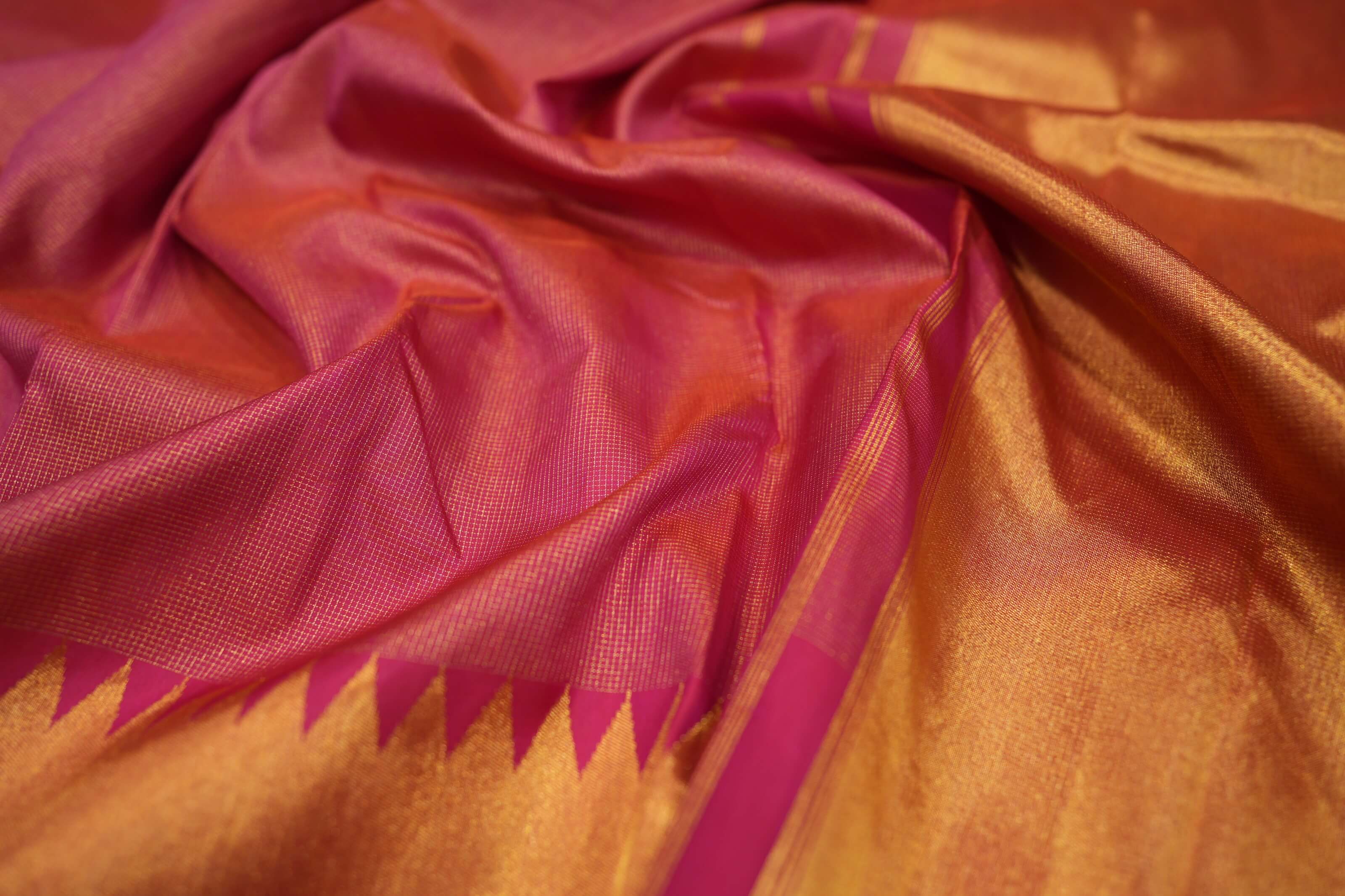 Bright Pink Temple Borders Vintage Kanjivaram Silk Saree SS8706