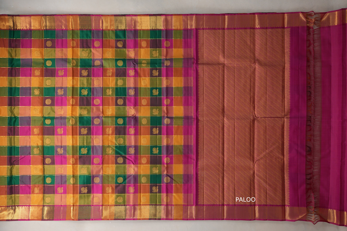 Multi-Colour Checks with bright magenta Borders Vintage Kanjivaram Silk Saree  paloo