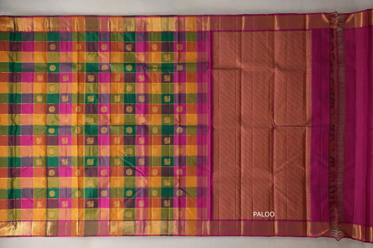 Multi-Colour Checks with bright magenta Borders Vintage Kanjivaram Silk Saree  paloo