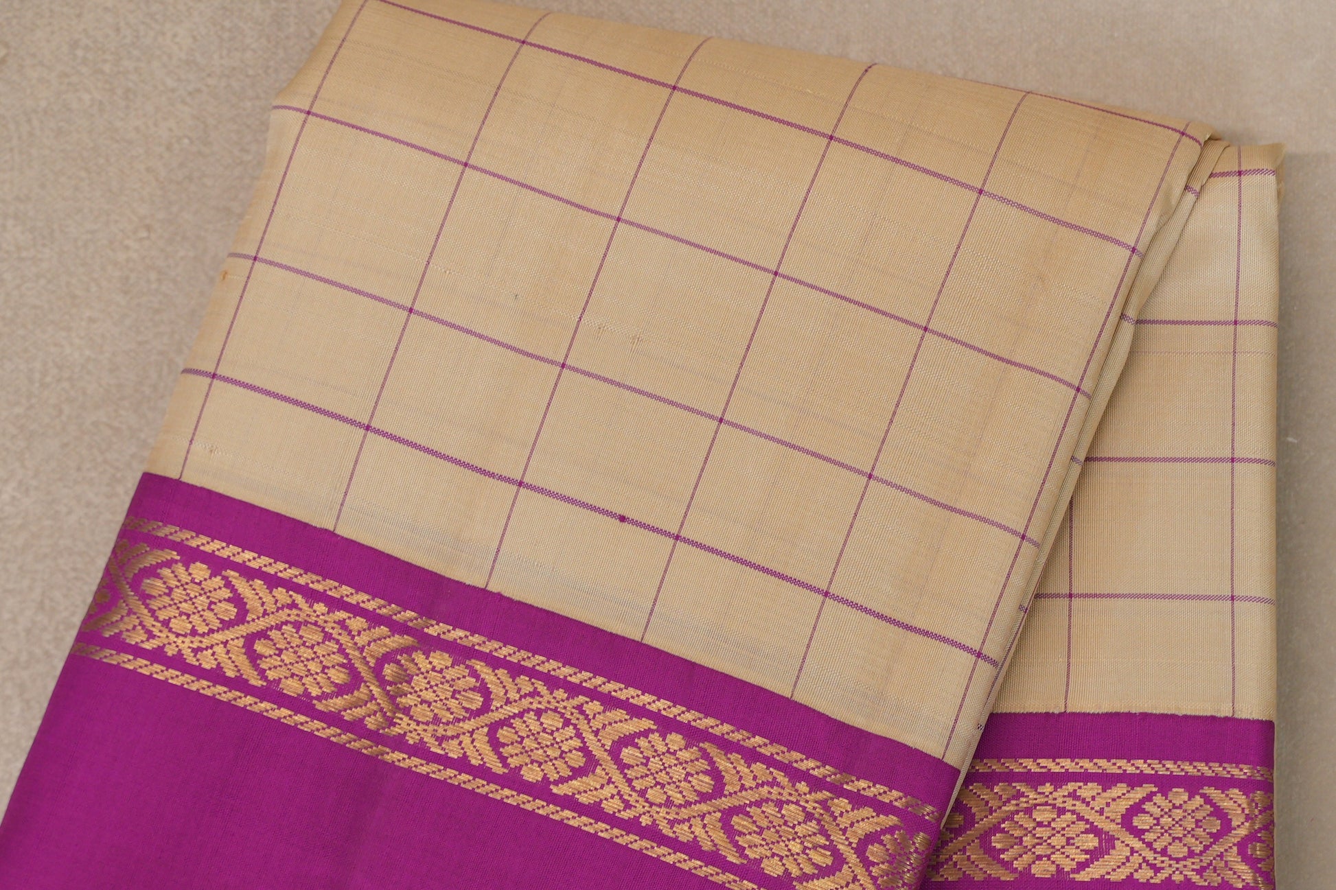 Sandal Beige with bright magenta Borders Vintage Kanjivaram Silk Saree body