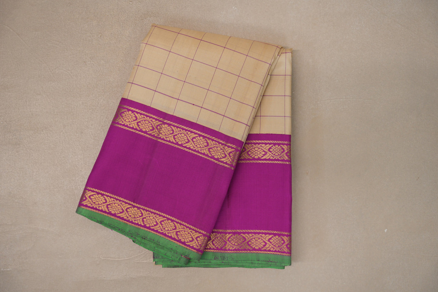 Sandal Beige with bright magenta Borders Vintage Kanjivaram Silk Saree
