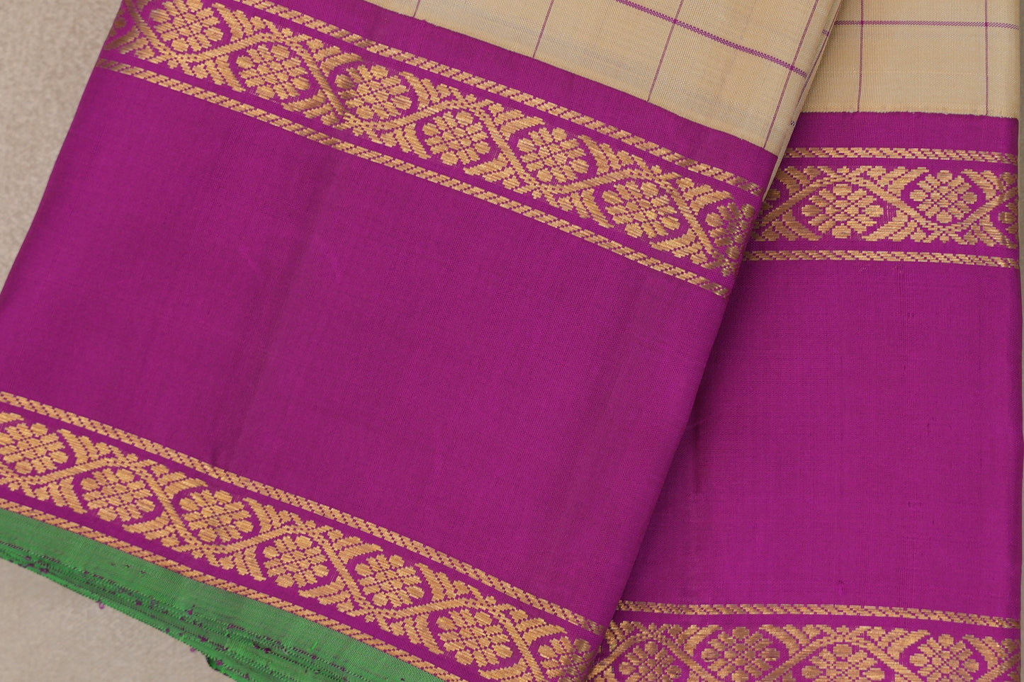 Sandal Beige with bright magenta Borders Vintage Kanjivaram Silk Saree border