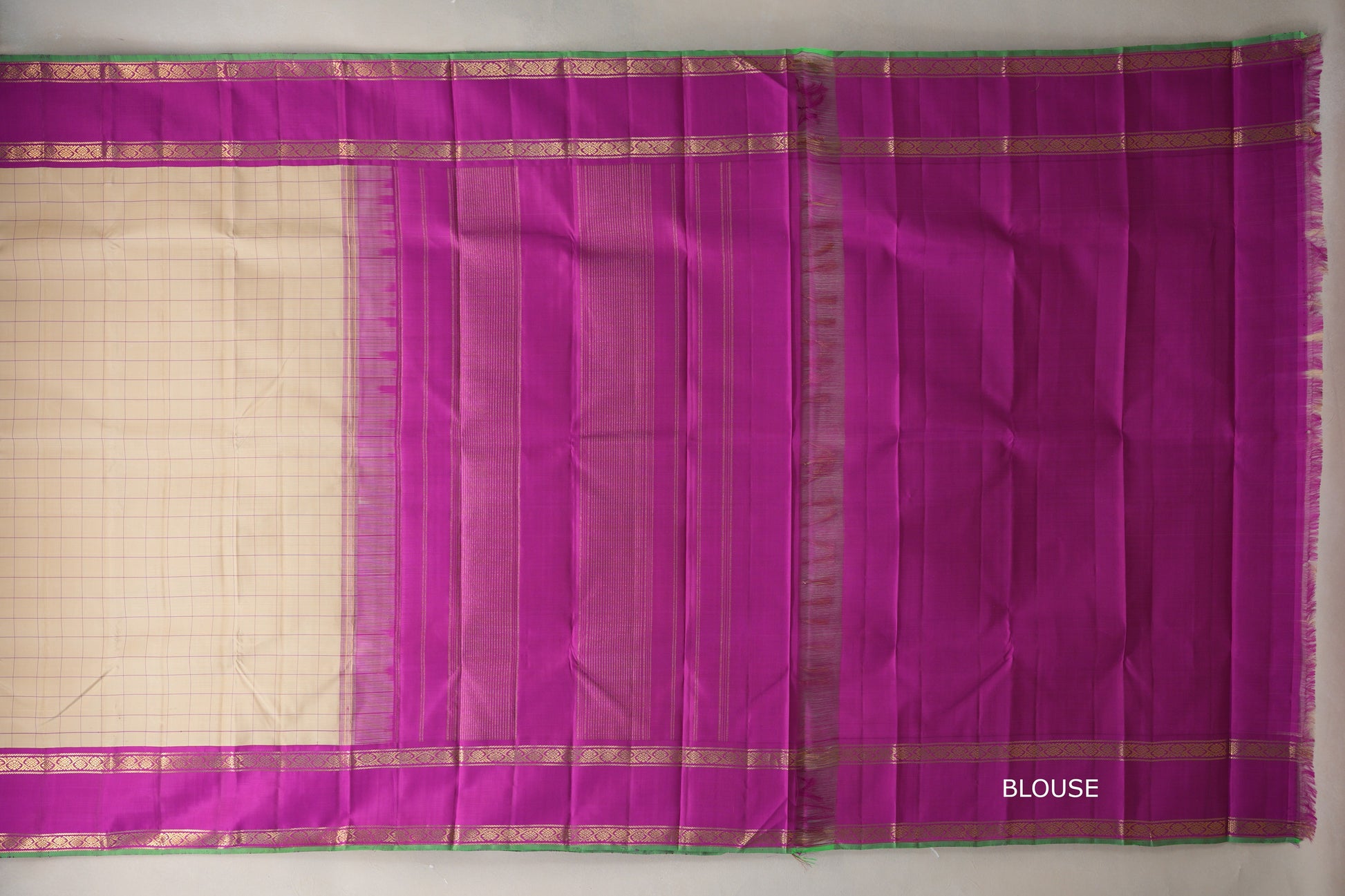 Sandal Beige with bright magenta Borders Vintage Kanjivaram Silk Saree blouse