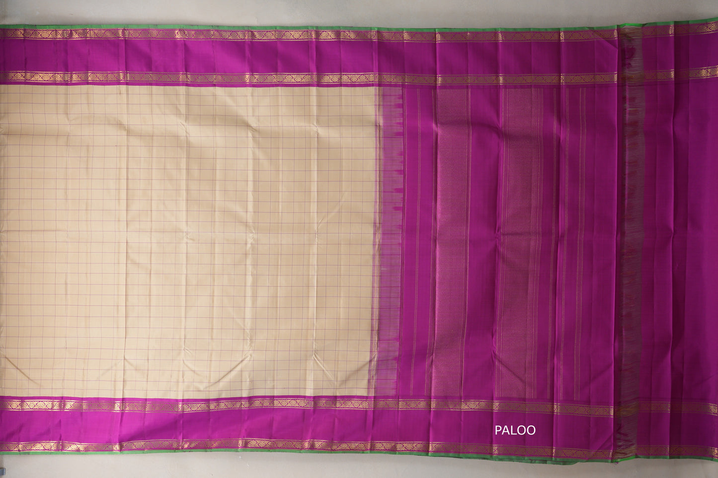 Sandal Beige with bright magenta Borders Vintage Kanjivaram Silk Saree paloo