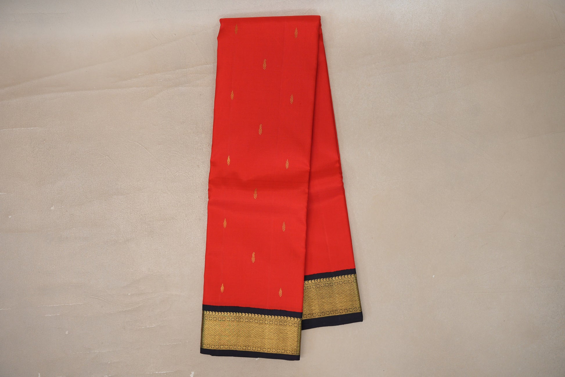 Tomato red with Dark Navy Blue Borders Vintage Kanjivaram Silk Saree