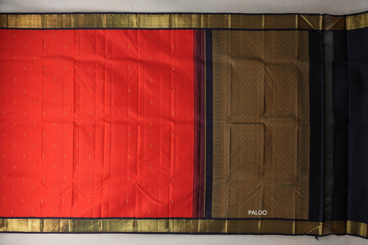 Tomato red with Dark Navy Blue Borders Vintage Kanjivaram Silk Saree paloo