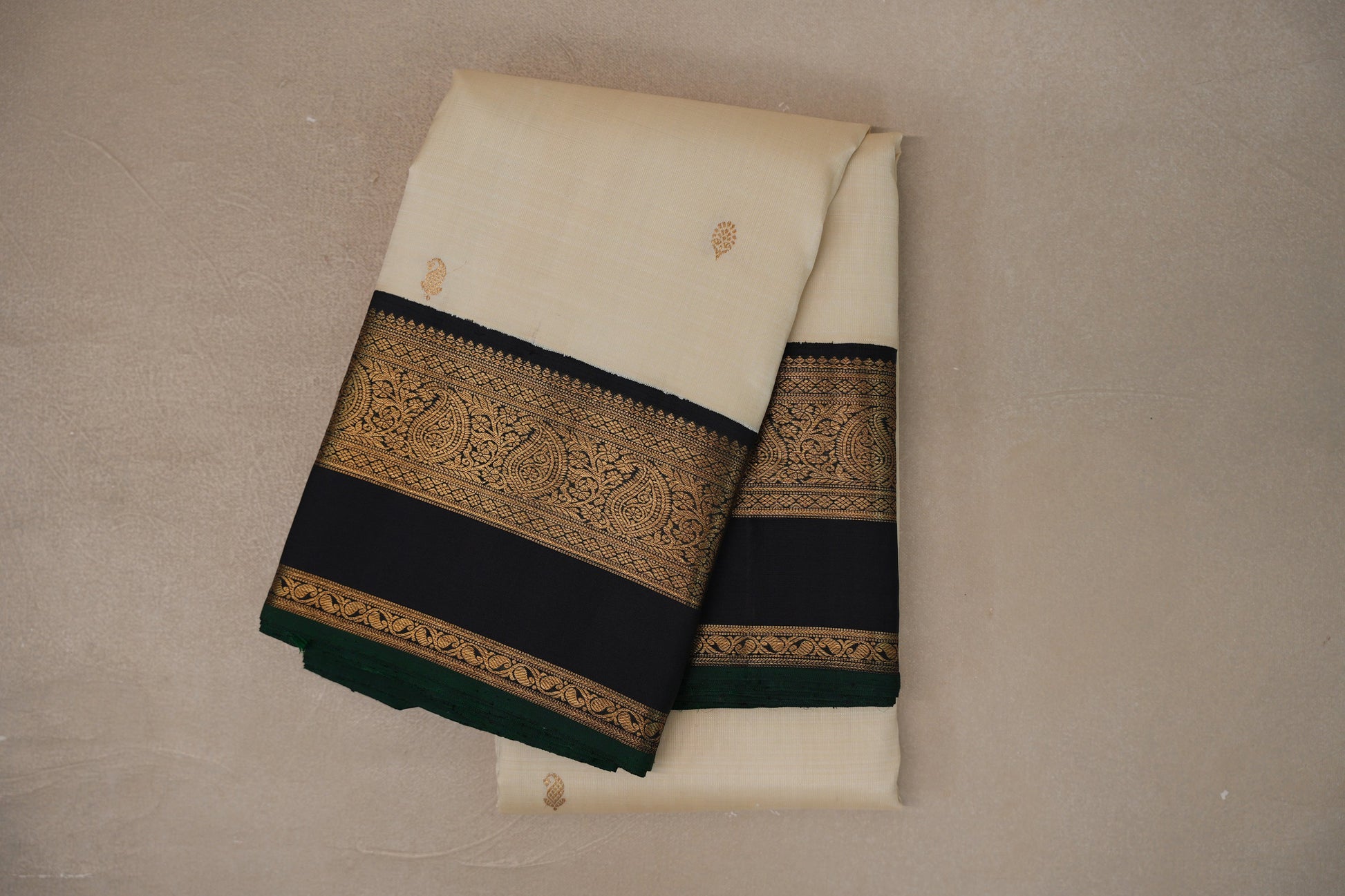 Cream with Dark Navy Blue Borders Vintage Kanjivaram Silk Saree