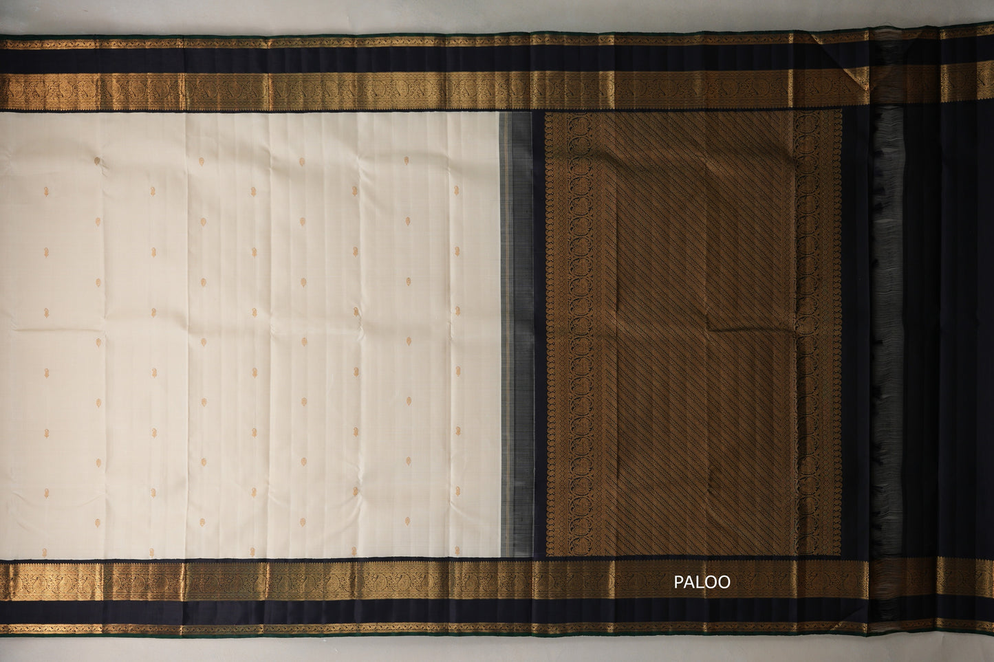 Cream with Dark Navy Blue Borders Vintage Kanjivaram Silk Saree paloo