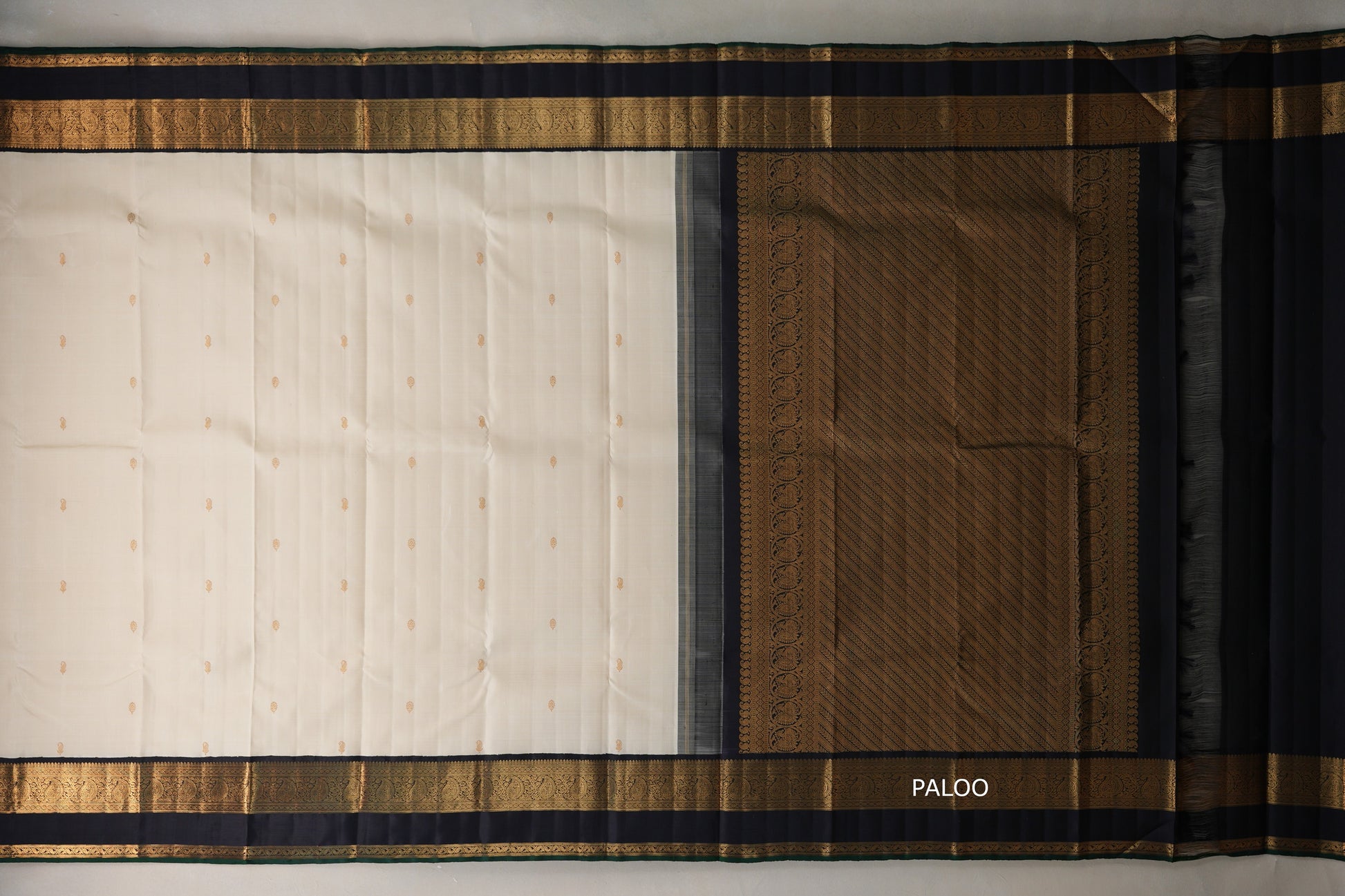 Cream with Dark Navy Blue Borders Vintage Kanjivaram Silk Saree paloo