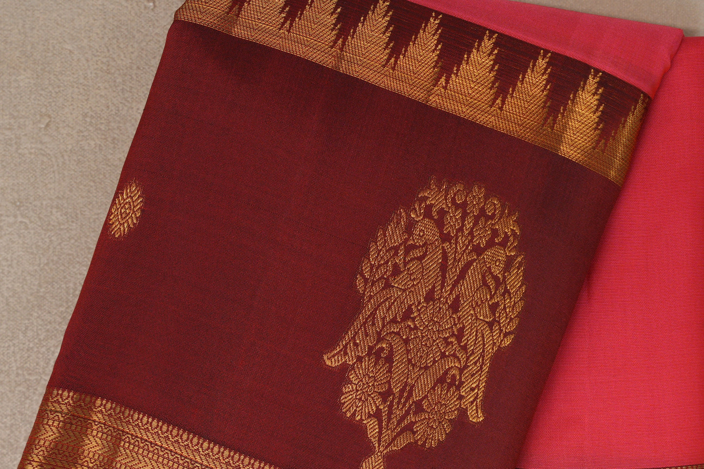 Orangish Pink with Deep maroon Borders Vintage Kanjivaram Silk Saree body