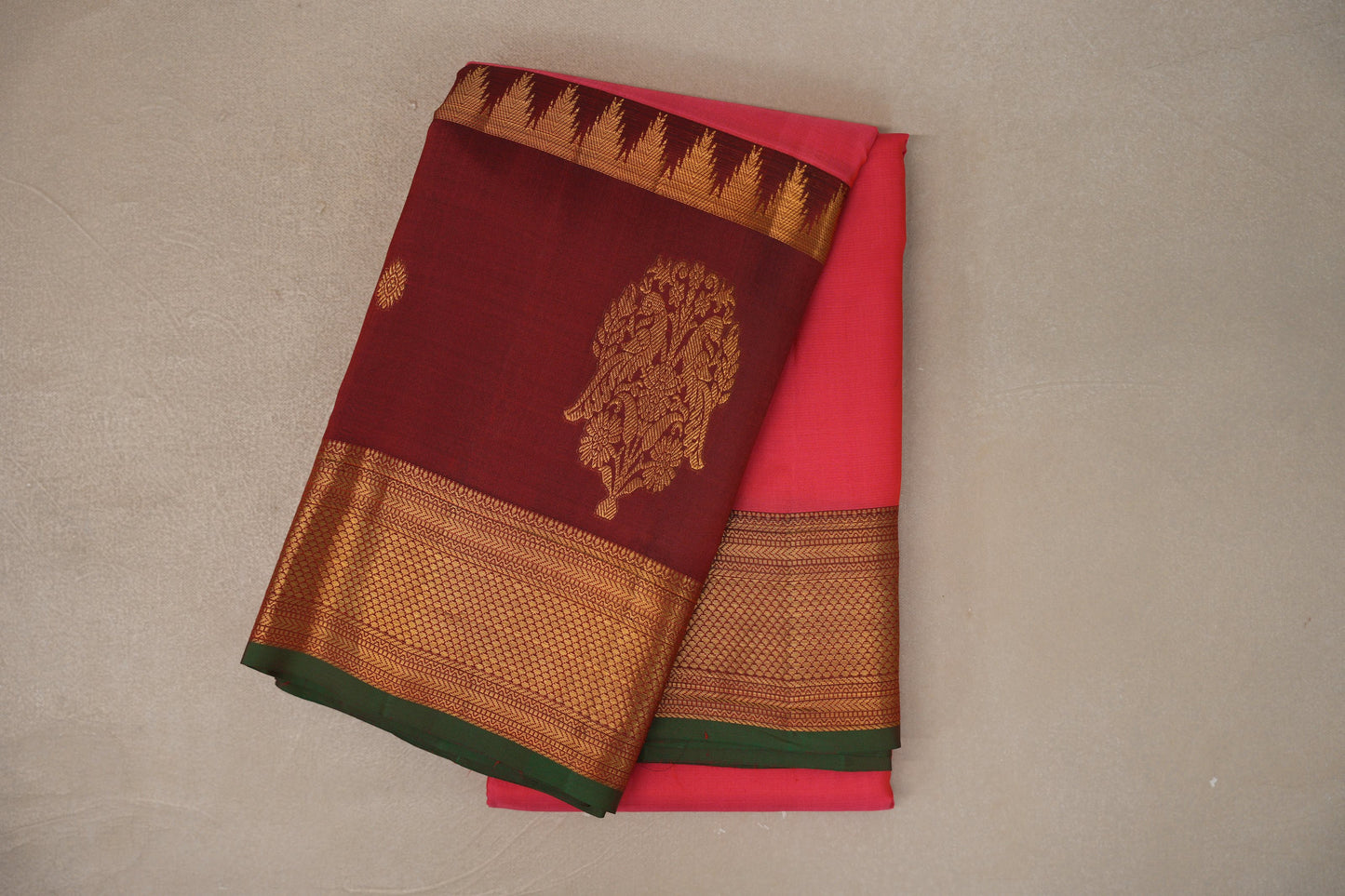 Orangish Pink with Deep maroon Borders Vintage Kanjivaram Silk Saree