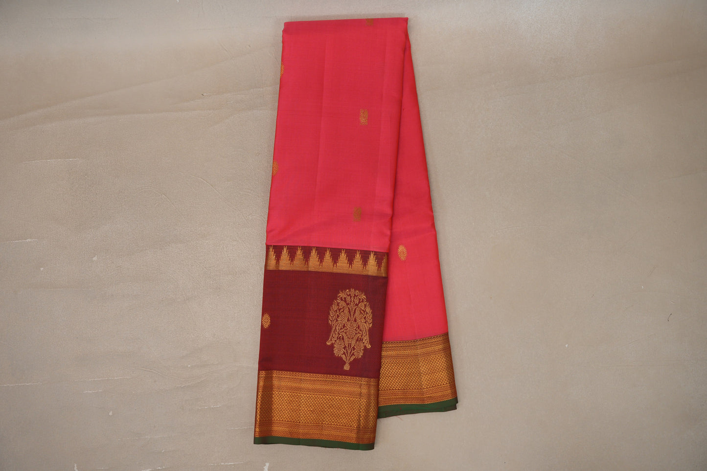 Orangish Pink with Deep maroon Borders Vintage Kanjivaram Silk Saree