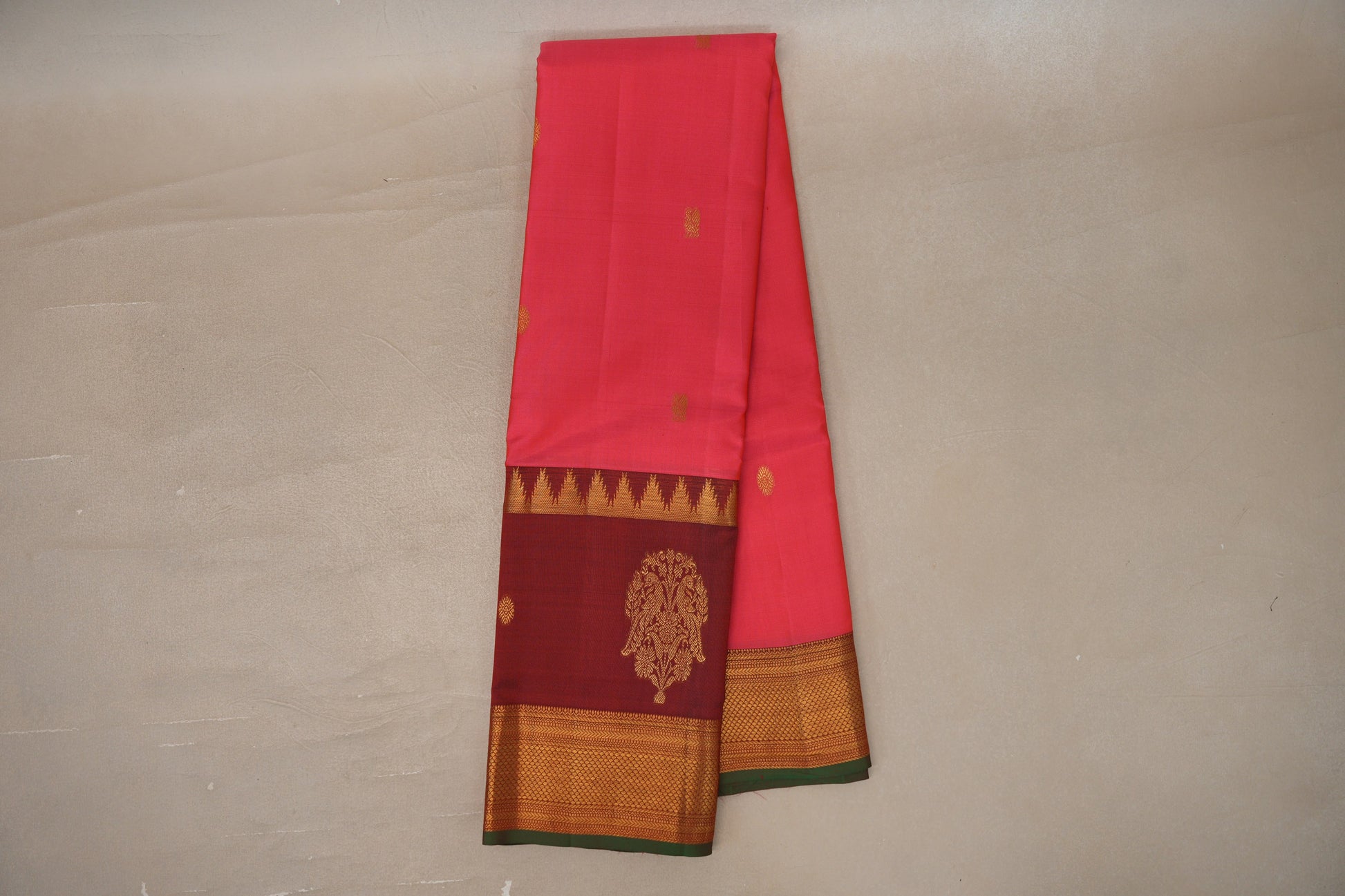 Orangish Pink with Deep maroon Borders Vintage Kanjivaram Silk Saree