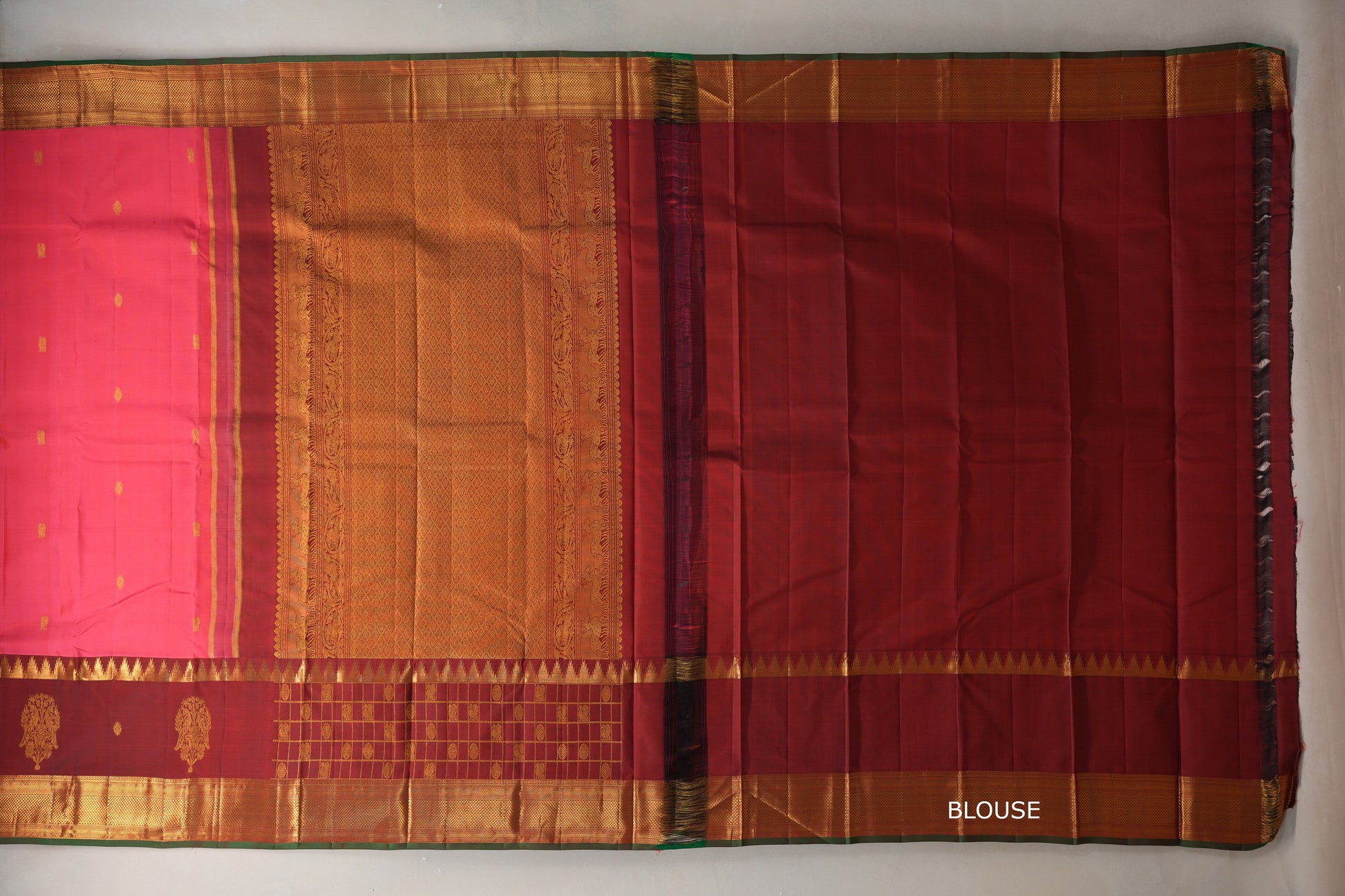 Orangish Pink with Deep maroon Borders Vintage Kanjivaram Silk Saree blouse