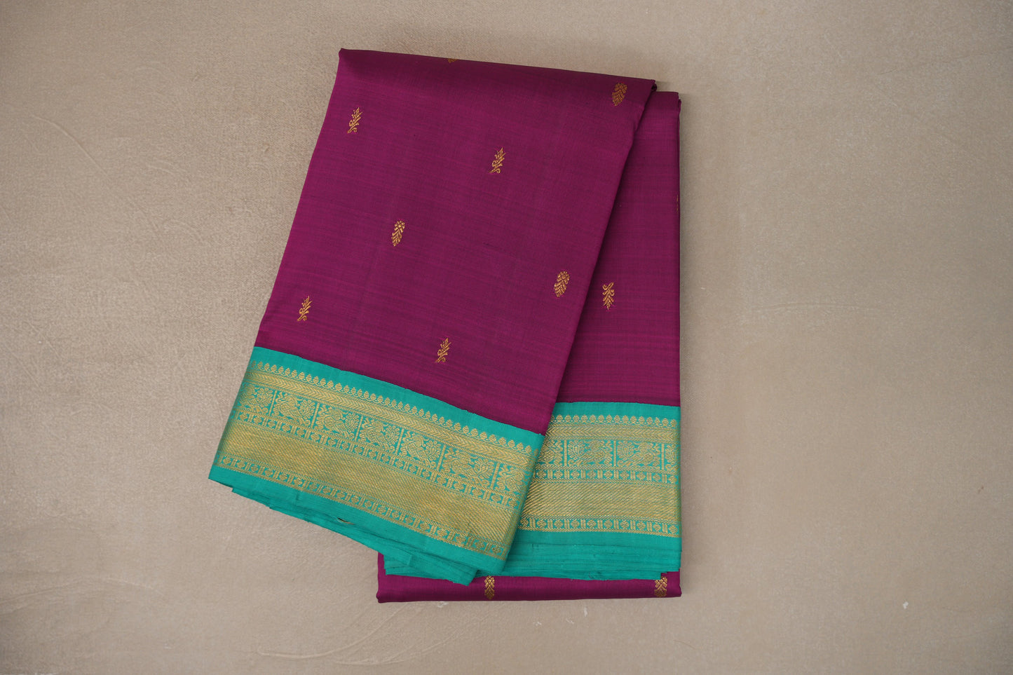 Deep magenta with Aqua Green Borders Vintage Kanjivaram Silk Saree