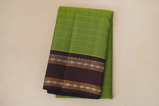 folded Parrot Green with Deep Plum Thread Woven Borders Vintage Kanjivaram Silk Saree