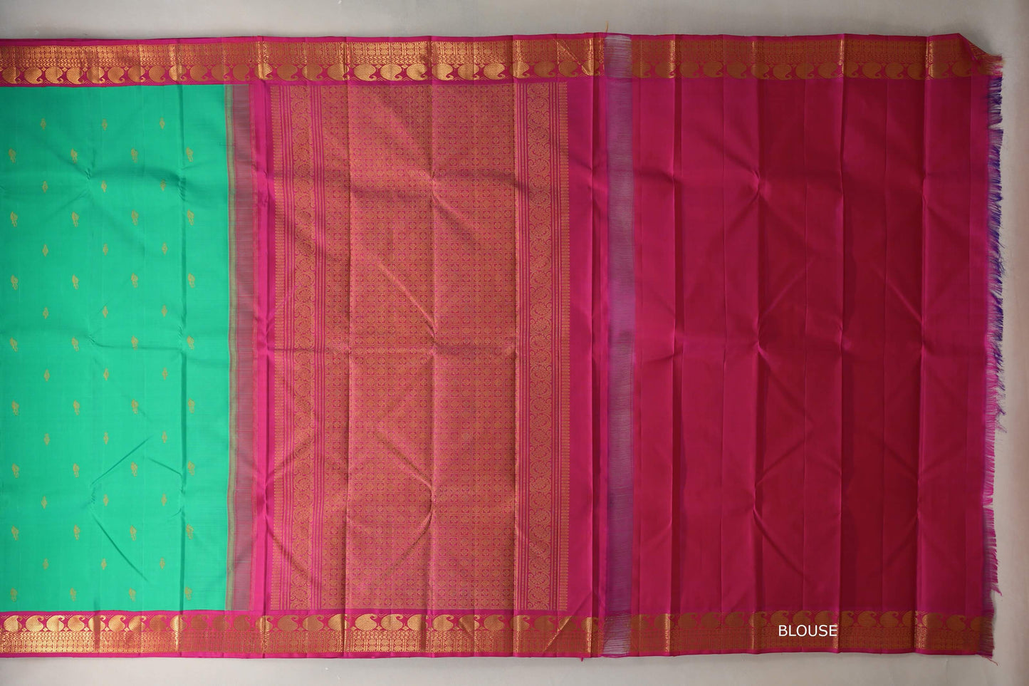 Parrot green with Rani Pink Borders Vintage Kanjivaram Silk Saree blouse