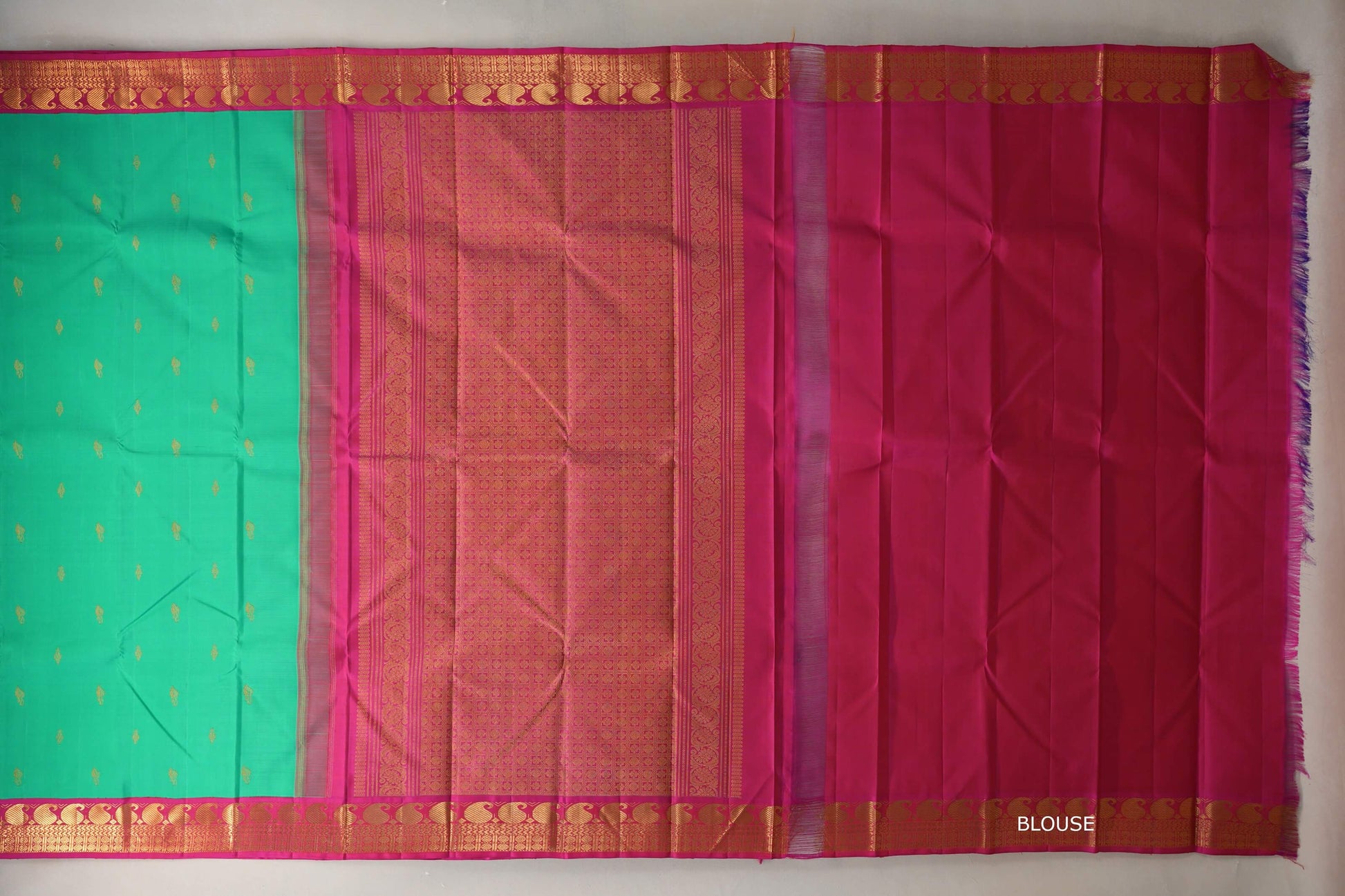 Parrot green with Rani Pink Borders Vintage Kanjivaram Silk Saree blouse
