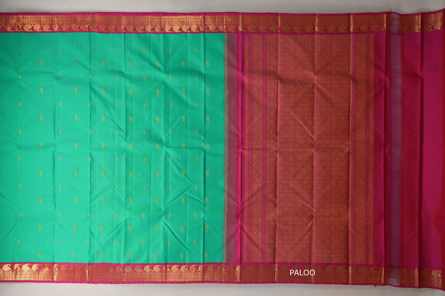 Parrot green with Rani Pink Borders Vintage Kanjivaram Silk Saree paloo