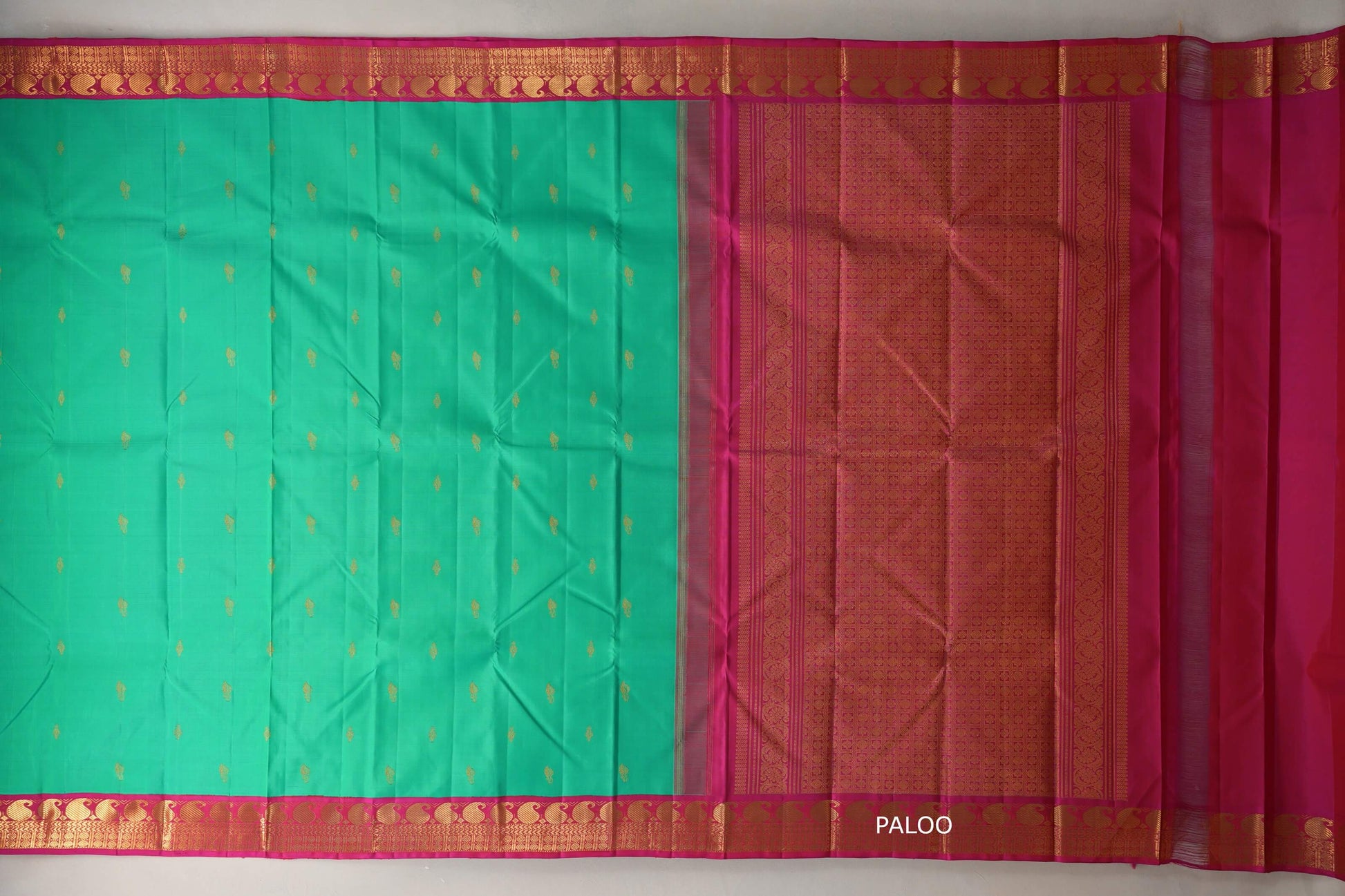 Parrot green with Rani Pink Borders Vintage Kanjivaram Silk Saree paloo
