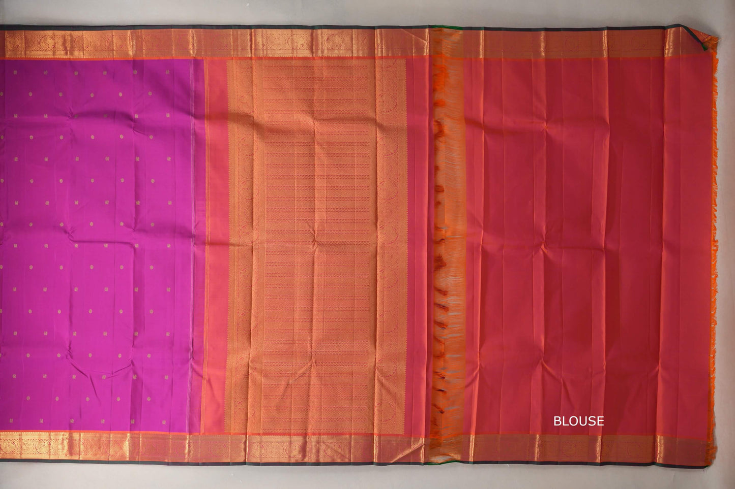  Bright Magenta with orangish Pink Borders Vintage Kanjivaram Silk Saree blouse