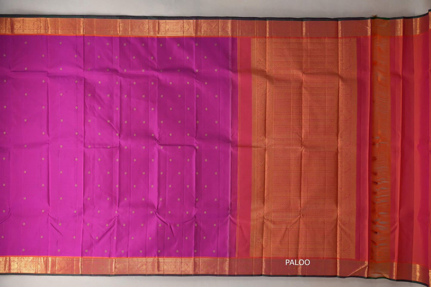 Bright Magenta with orangish Pink Borders Vintage Kanjivaram Silk Saree paloo