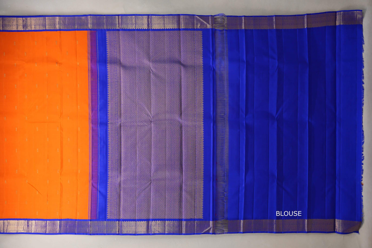 Bright orange with bright royal blue Borders Vintage Kanjivaram Silk Saree blouse