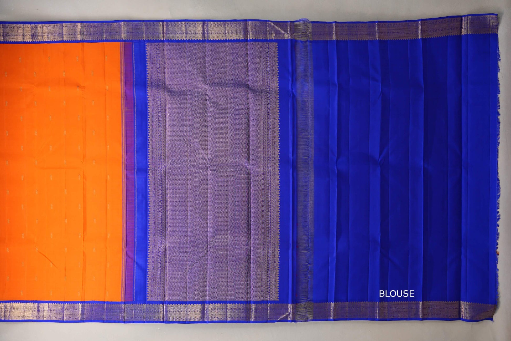 Bright orange with bright royal blue Borders Vintage Kanjivaram Silk Saree blouse