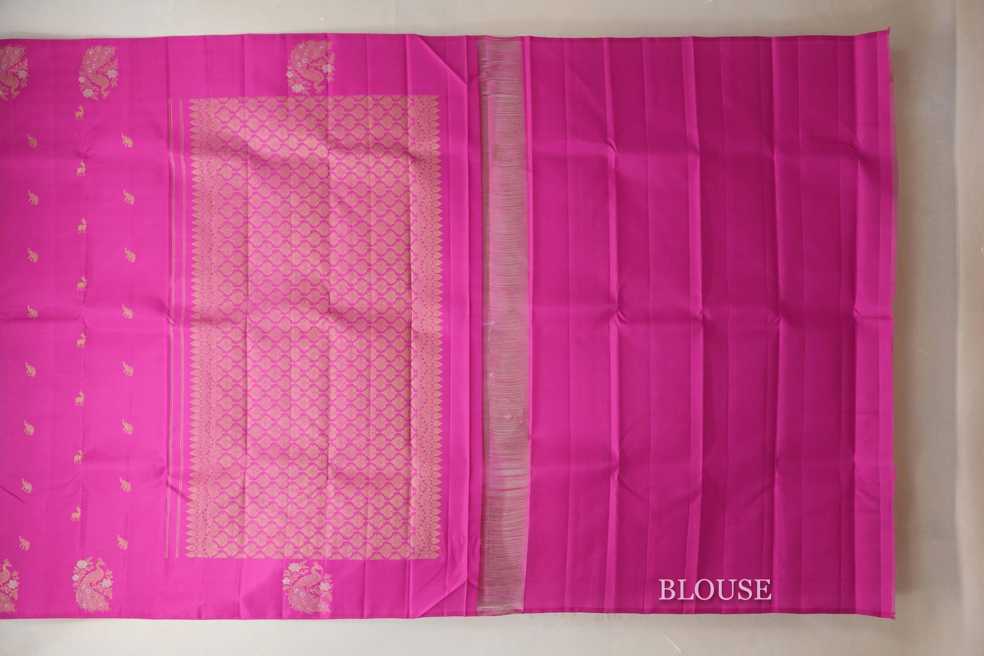 Bright Rani Pink Vintage Kanjivaram Silk Saree  blouse
