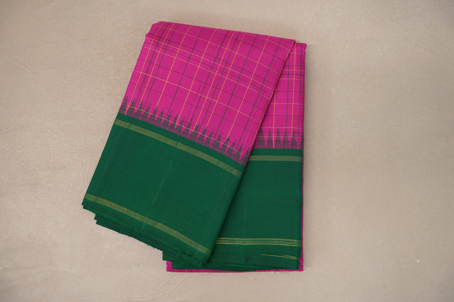 Bright pink with forest green Borders Vintage Kanjivaram Silk Saree 