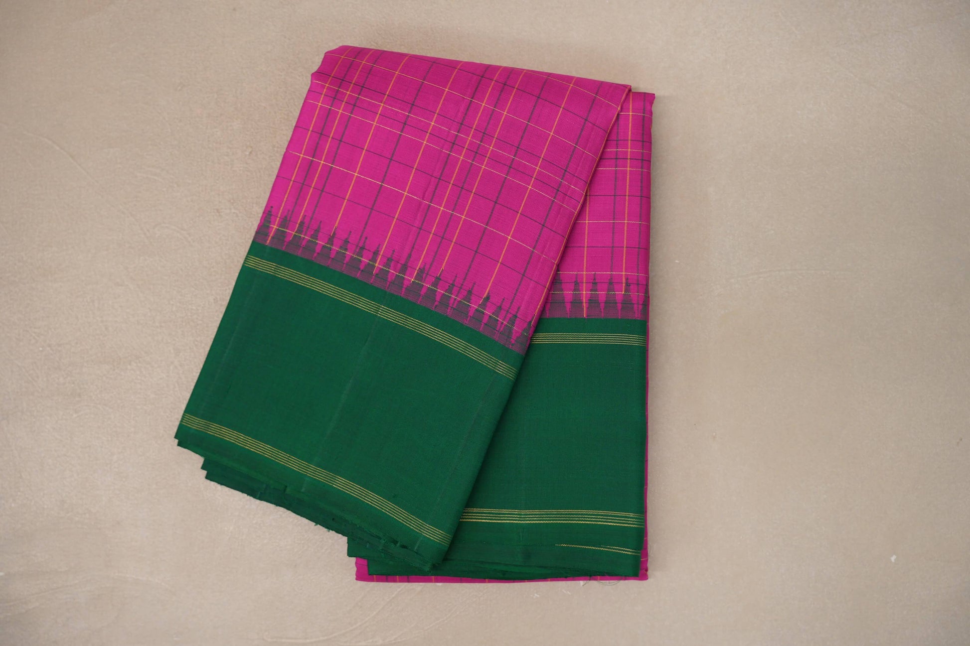 Bright pink with forest green Borders Vintage Kanjivaram Silk Saree 