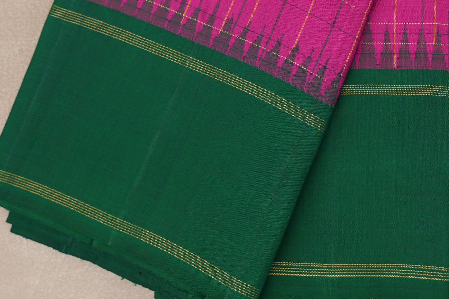 Bright pink with forest green Borders Vintage Kanjivaram Silk Saree  border