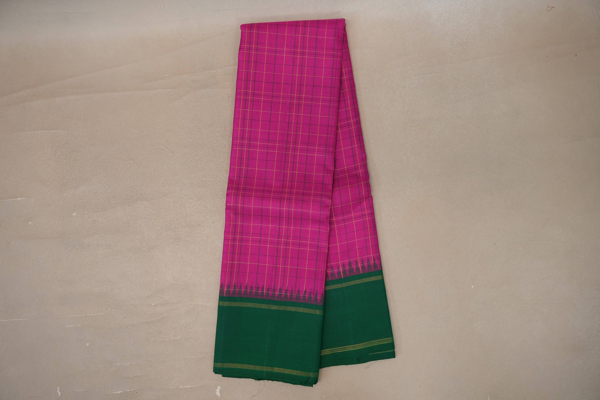 Bright pink with forest green Borders Vintage Kanjivaram Silk Saree 