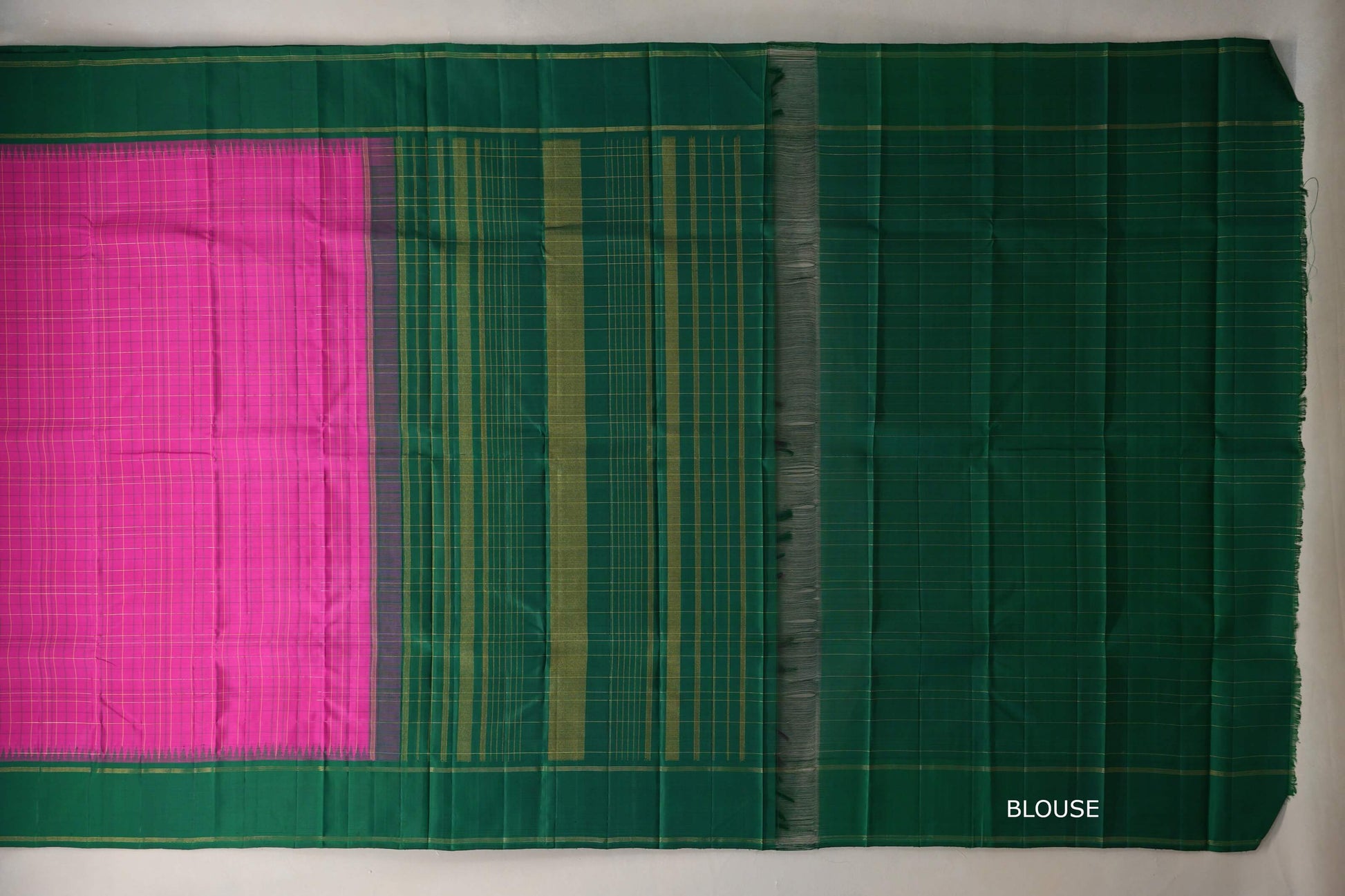 Bright pink with forest green Borders Vintage Kanjivaram Silk Saree  blouse