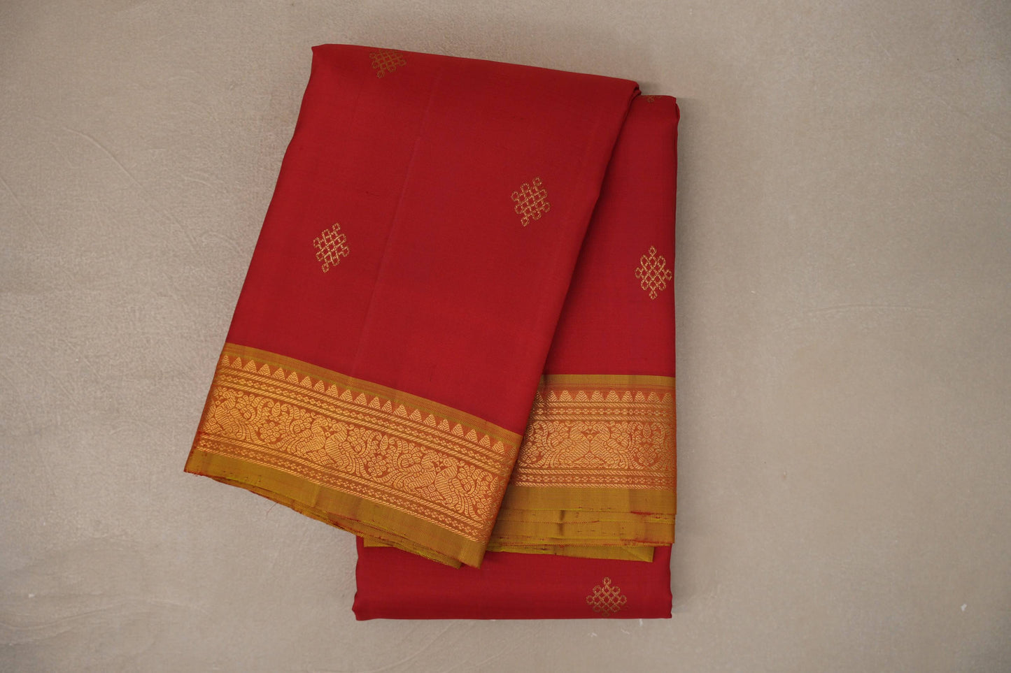 Tomato red with Olive Yellow borders Vintage Kanjivaram Silk Saree
