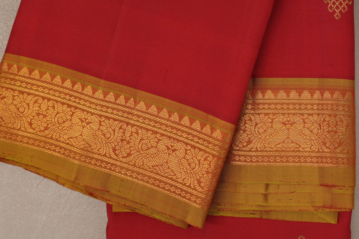 Tomato red with Olive Yellow borders Vintage Kanjivaram Silk Saree border