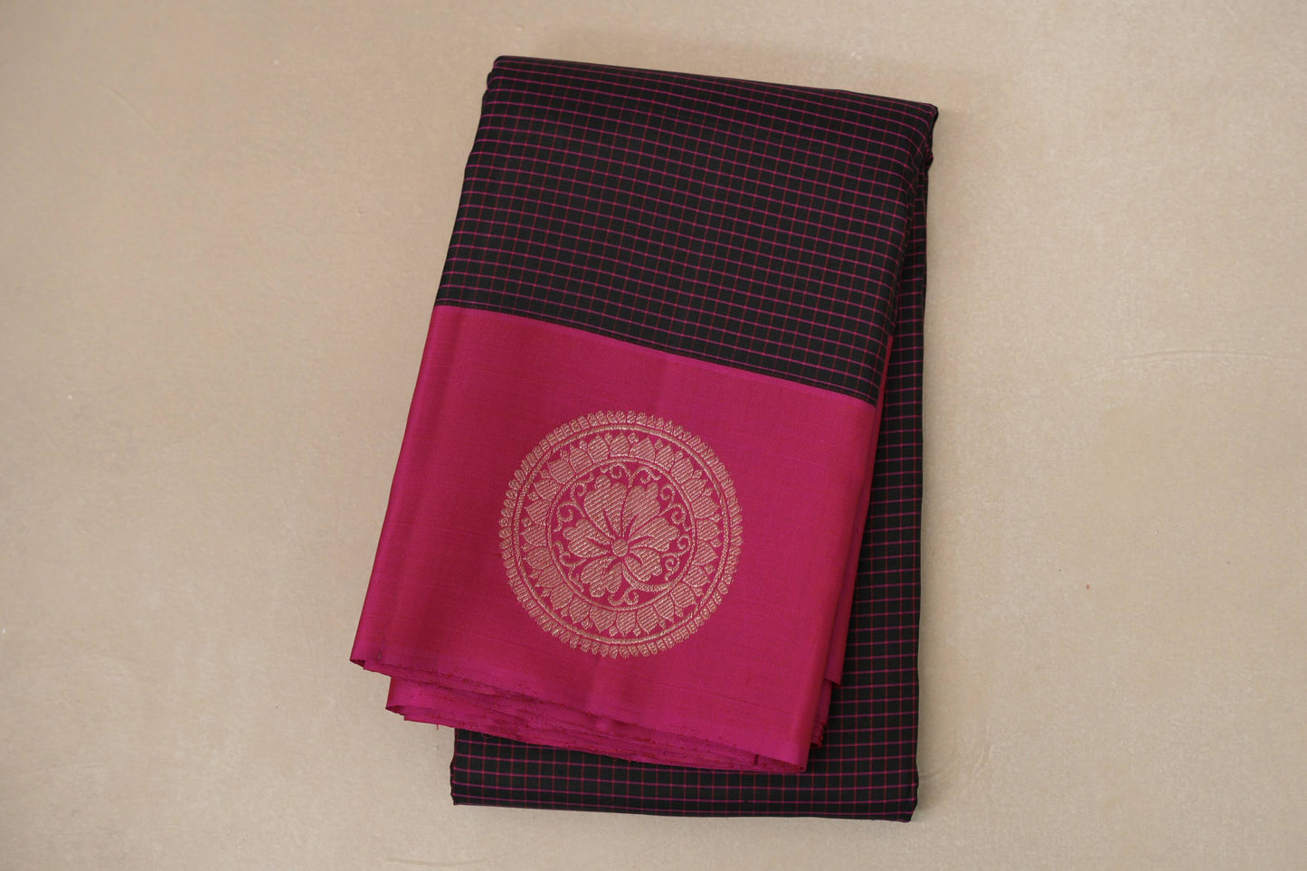 folded Black with Magenta Pink Borders Vintage Kanjivaram Silk Saree