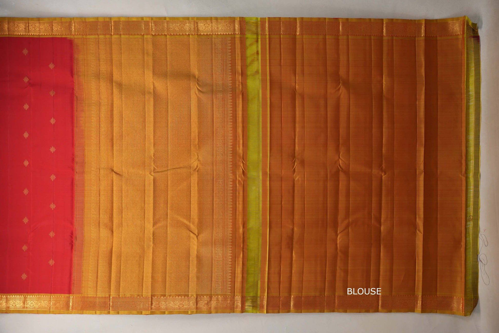 Tomato red with Olive Yellow borders Vintage Kanjivaram Silk Saree blouse