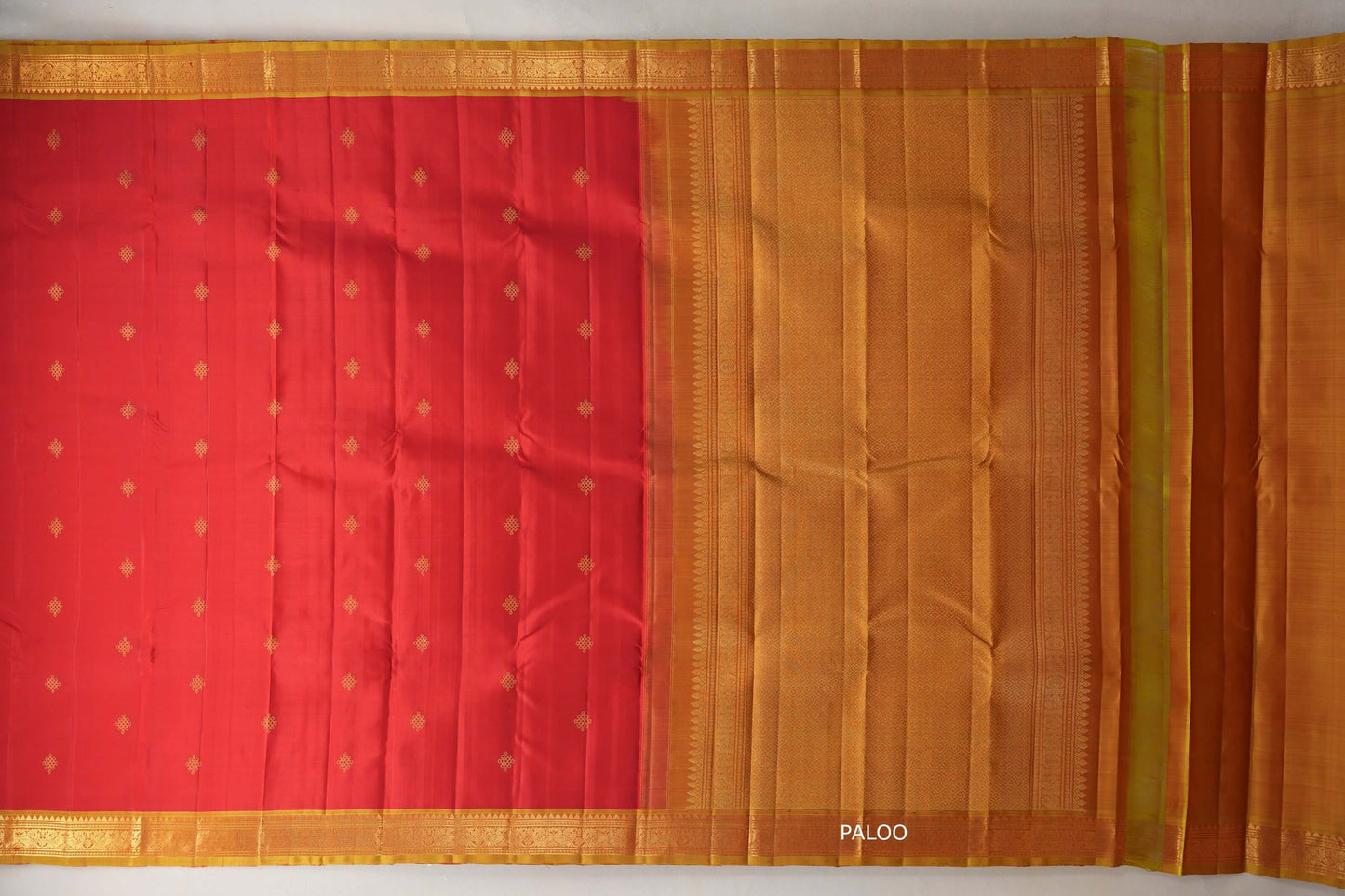 Tomato red with Olive Yellow borders Vintage Kanjivaram Silk Saree paloo