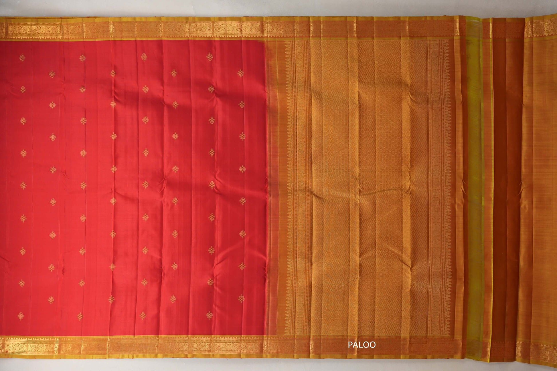Tomato red with Olive Yellow borders Vintage Kanjivaram Silk Saree paloo
