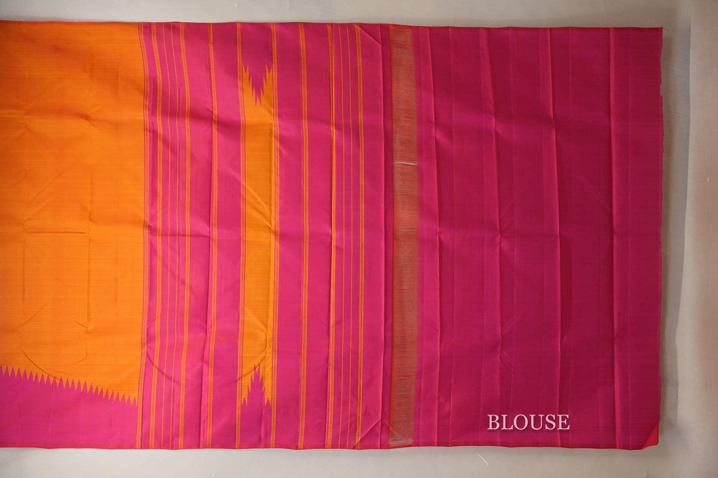 Reddish Orange with Bright Pink Borders Vintage Kanjivaram Silk Saree blouse